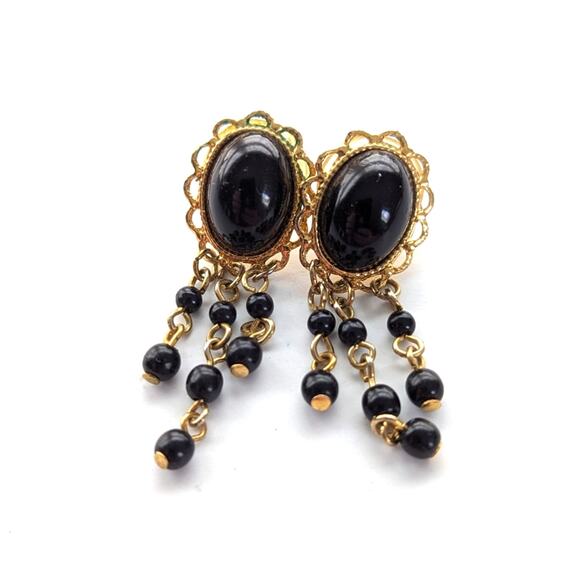 Vintage Faux Onyx Cabochon Dangle ChaCha Pierced Post Stud Boho Earrings - Picture 1 of 3
